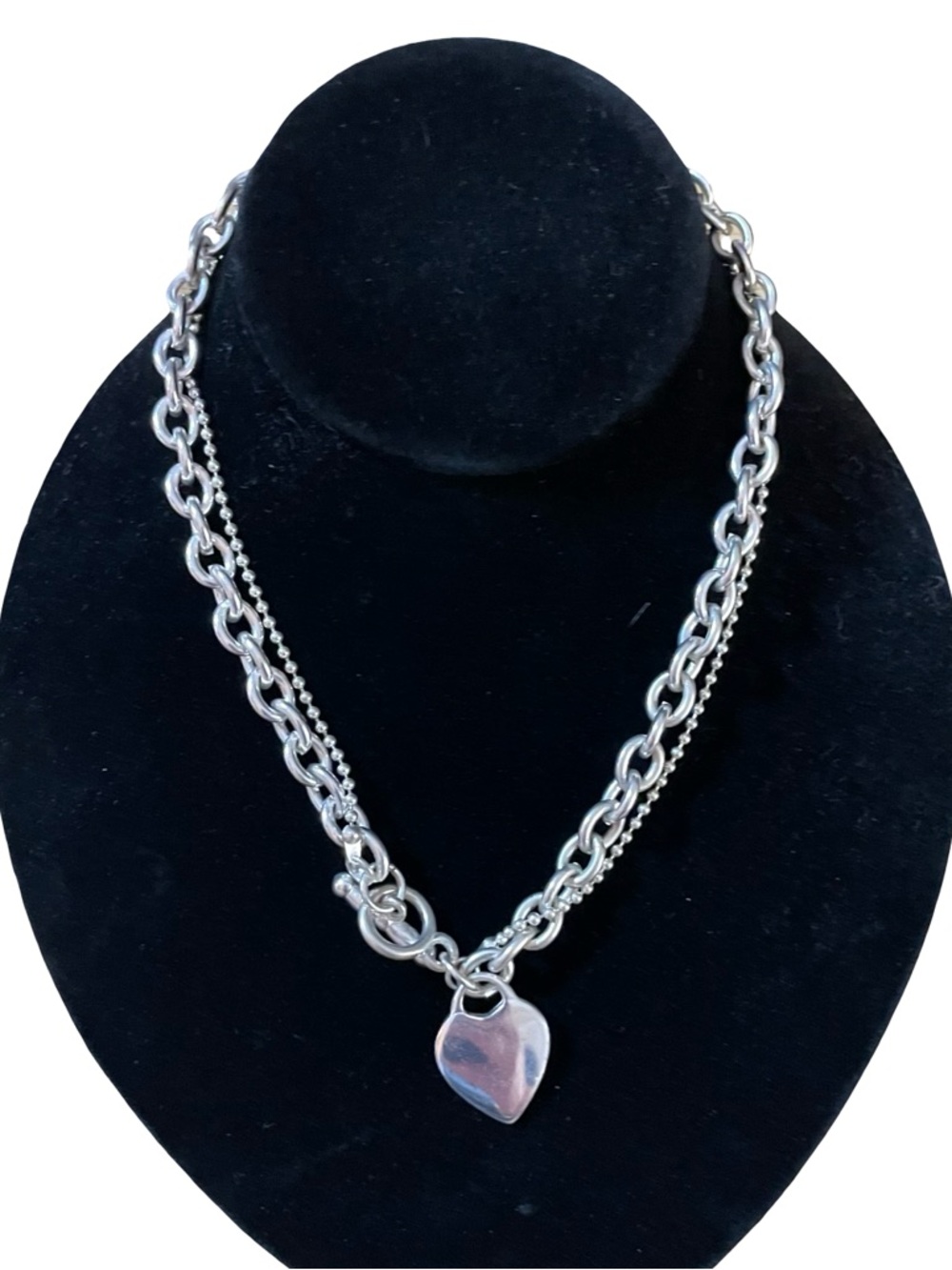 Heart tag toggle necklace silver tone 16 inch oval cable links ball bead chains - Picture 2 of 9